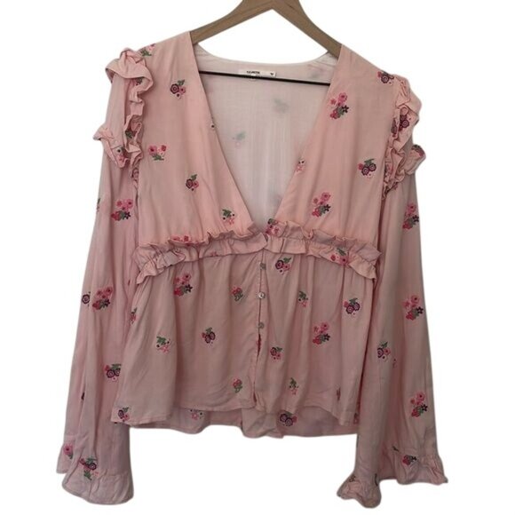 Tularosa Tops - Tularosa | Floral Embroidered Plunging V Neck Button Down Bell Sleeve Top Small